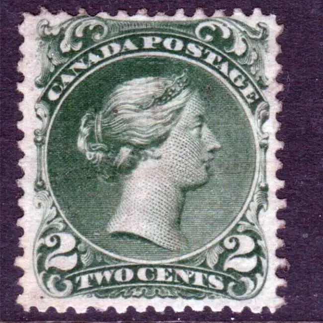 1868 / #24 VF d'occasion - 2 cents vert - Grand timbre de la reine Victoria - Canada
