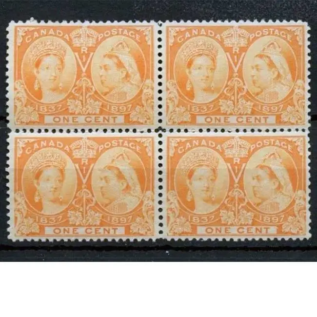 #51 ONE cent Jubilee block of 4 F+ 2xMNH, 2xMH Cat$320 Canada mint